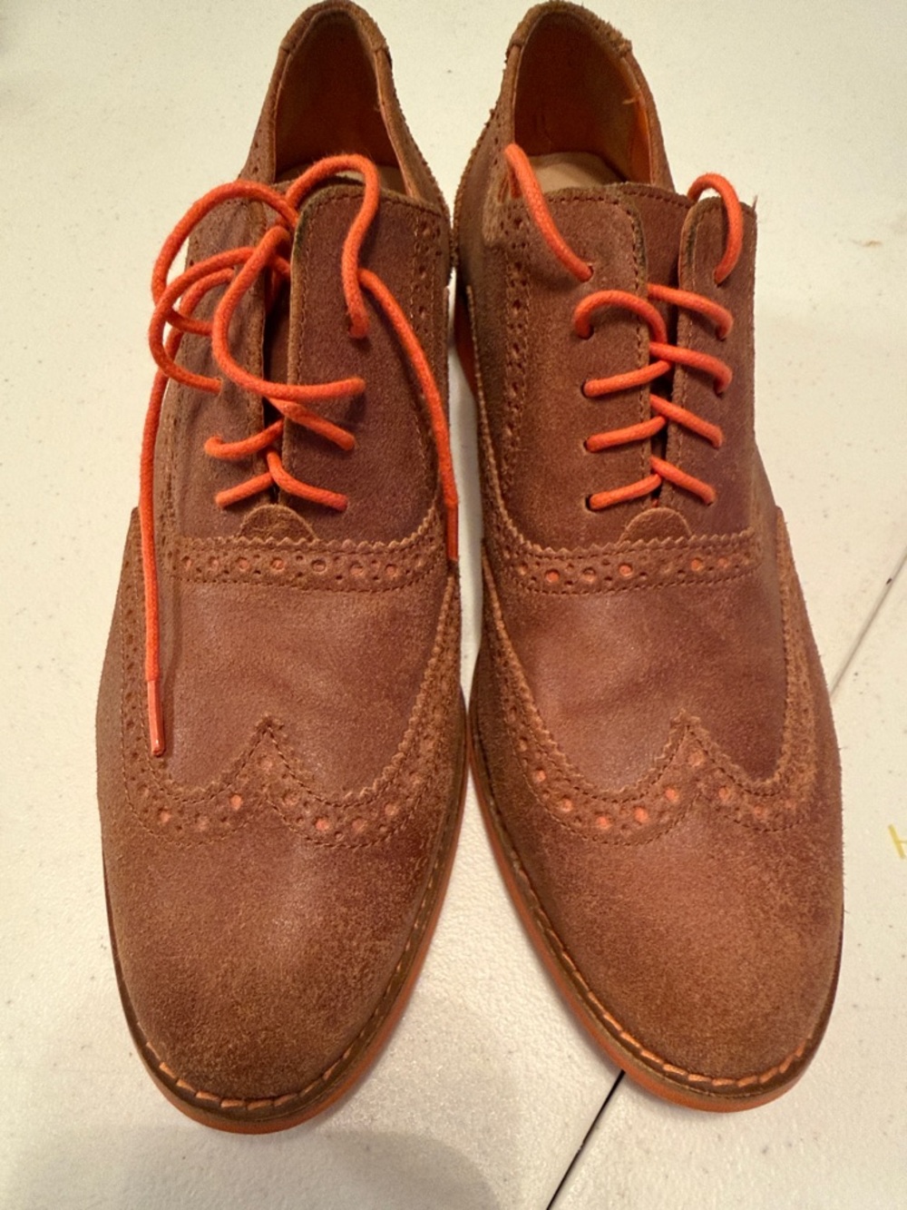 Cole Haan Brown Suede Wingtip Oxfords with Orange Laces